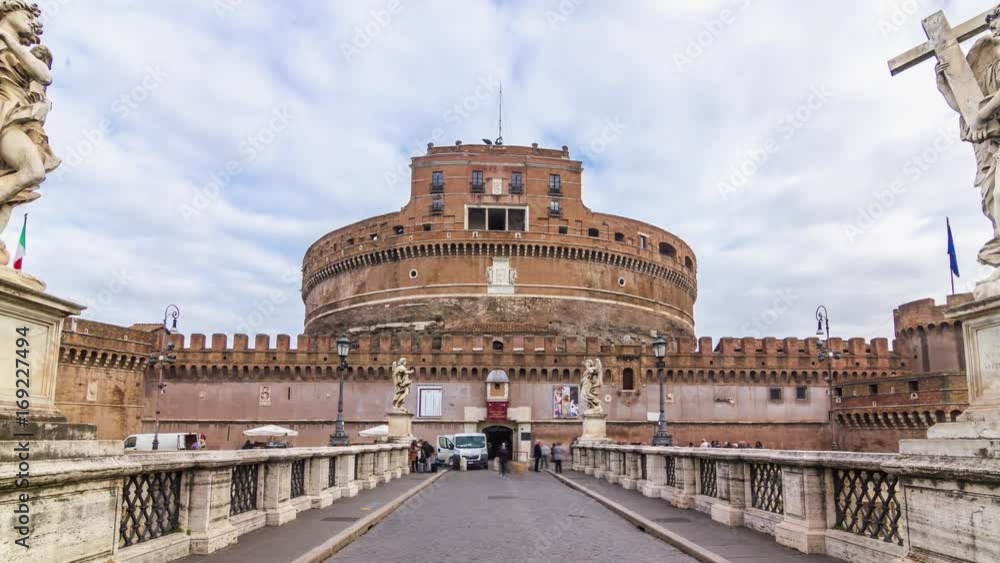 Early morning Motion timelapse of Saint Angel's castle with sculptures of Angels on the famous bridge with no tourists. Rome, Italy. April, 2016. Early morning Motion timelapse of Saint Angel's castle with sculptures of Angels on the famous bridge with no tourists. Rome, Italy. April, 2016.