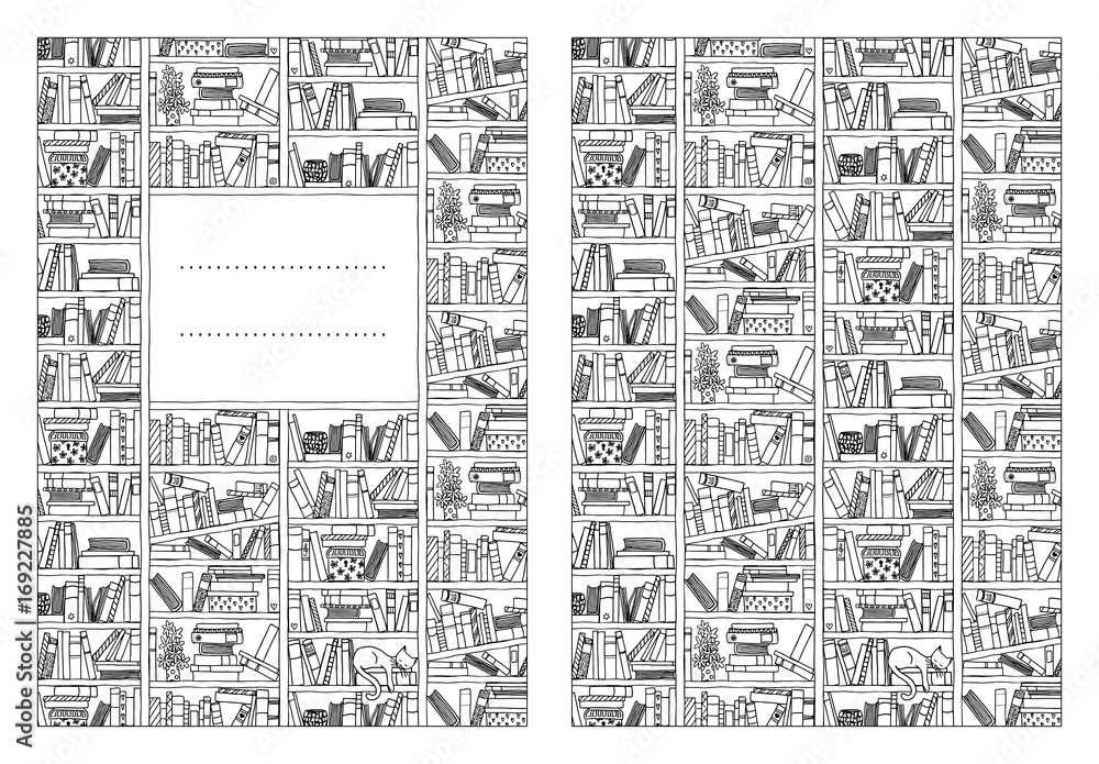 Obraz premium Book cover template for booklets or notebooks, with hand drawn bookshelf in black and white