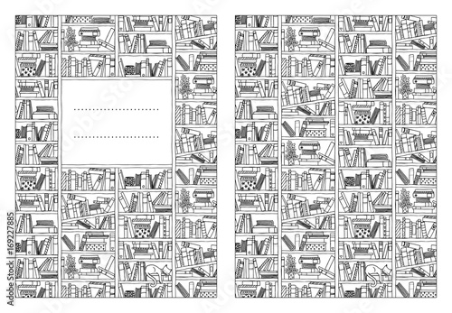 Book cover template for booklets or notebooks, with hand drawn bookshelf in black and white