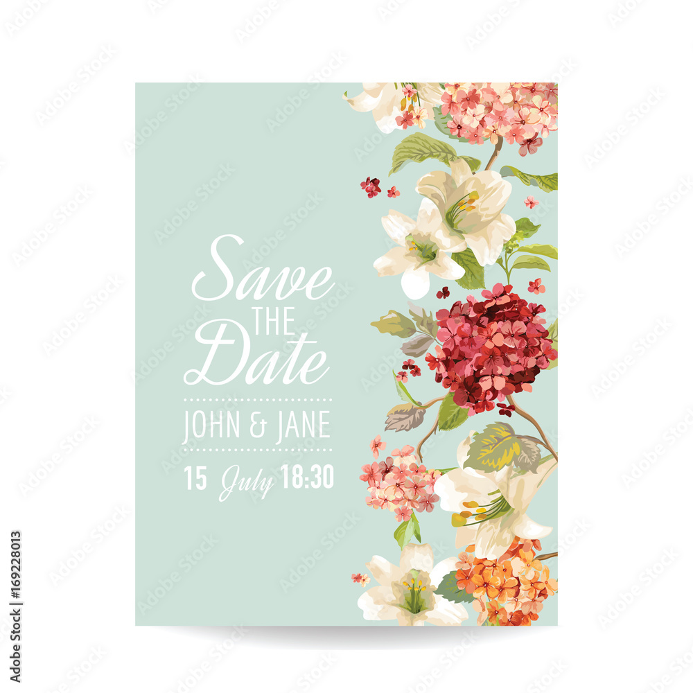 Save the Date Card with Autumn Vintage Hortensia Flowers for Wedding, Invitation, Party in vector