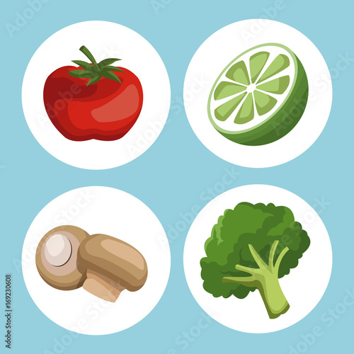 color background with circular frame lemon fruit and vegetables healthy food vector illustration