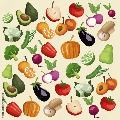 color background with pattern vegetables and fruits healthy food set vector illustration