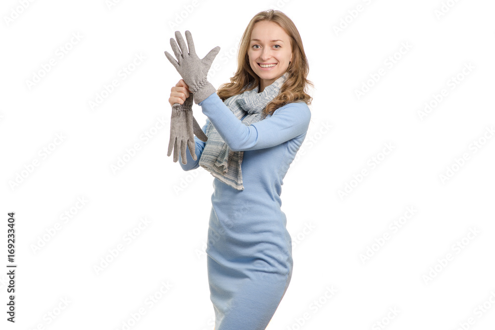 Obraz premium Young woman in autumn dress shawl gloves