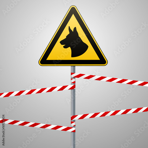 aution - danger Be aware of dogs The area is guarded by dogs. Warning sign safety. The sign on the pole and warning bands. Gray background. Vector illustration.