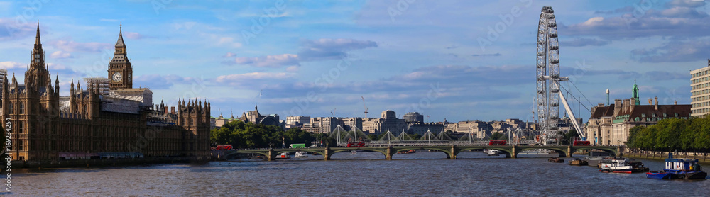 Beautiful panoramic view of Westminster Palace and river Thames, London.
