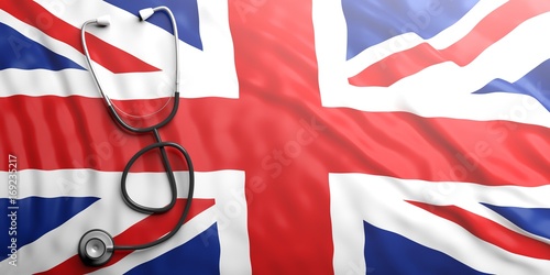 Stethoscope on England flag, 3d illustration