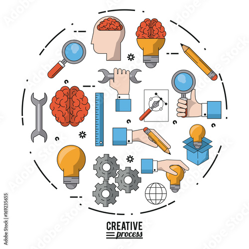 colorful poster creative process with set of icons in shape of circle vector illustration