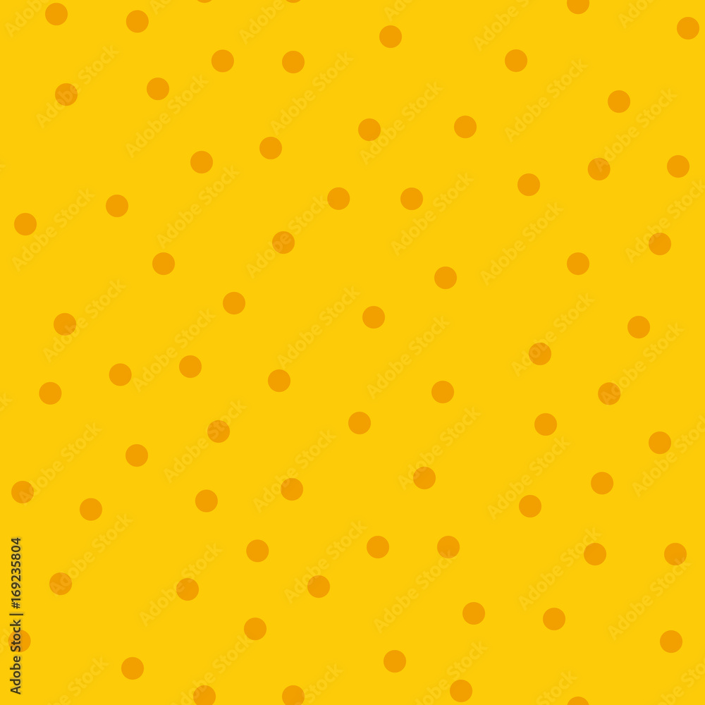 Orange polka dots seamless pattern on yellow background. Majestic classic orange polka dots textile pattern in restrained colours. Seamless scattered confetti fall chaotic decor. Vector illustration. Orange polka dots seamless pattern on yellow background. Majestic classic orange polka dots textile pattern in restrained colours. Seamless scattered confetti fall chaotic decor. Vector illustration.