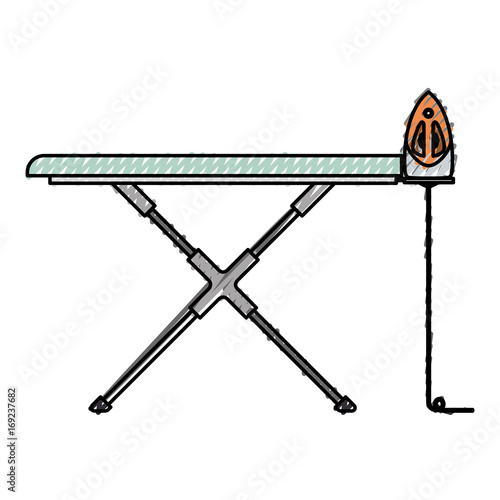 colored crayon silhouette of ironing board and iron