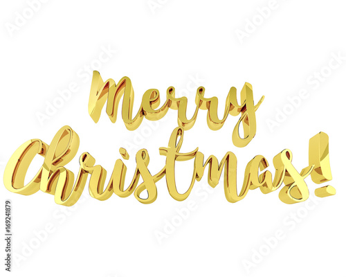 Merry Christmas golden sign on white background, design element for banners, flyers. 3D illustration of Merry Christmas in gold.
