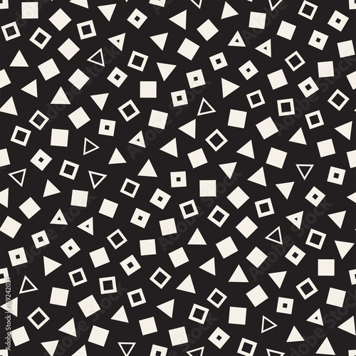 Seamless primitive jumble minimalism patterns. Randomly scattered geometric shapes. Abstract background design