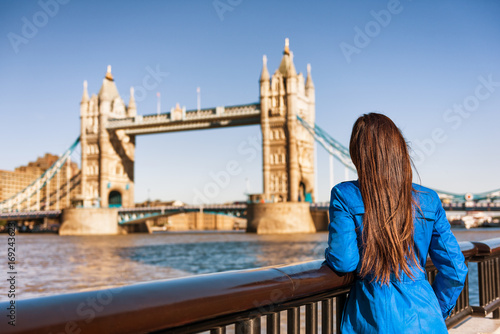 Tower Bridge London city travel woman tourist girl at Europe destination landmark famous attraction. Woman traveling in autumn season .