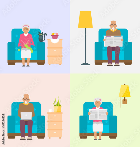 Leisure for Pensioners, Reading Newspaper, Knitting, Using Internet. Home Interior Background © -=MadDog=-