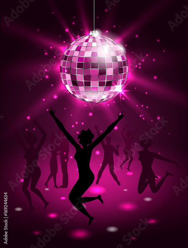 Silhouette People Dancing in Night-club, Disco Ball, Glitter Party Background