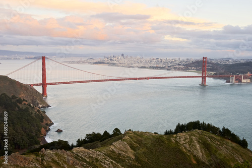The Golden Gate bridge, as seen from the Marin Headlands, at sunset