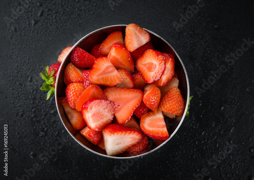 Sliced Strawberries close-up shot, selective focus
