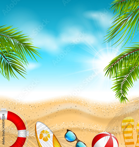 Beautiful Banner with Palm Leaves, Beach Ball, Flip-flops, Surf Board