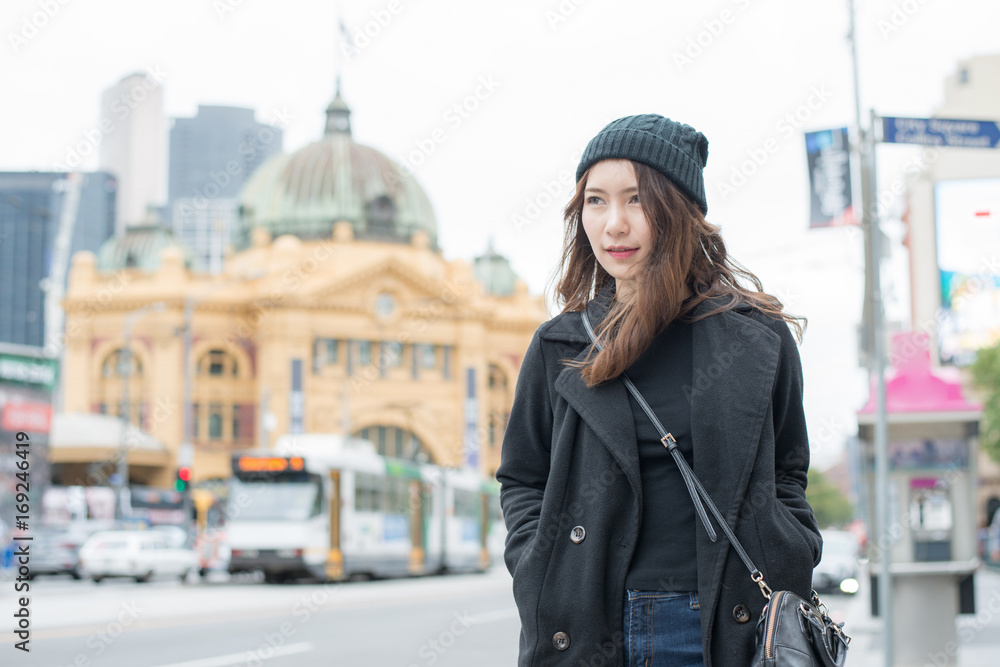 Fototapeta premium Asian women traveling in Melbourne, Australia.