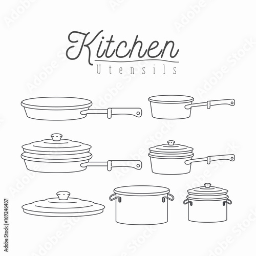 white background with silhouette set of kitchen pots and pans with lids kitchen utensils photo