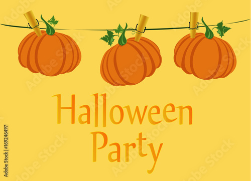 Halloween. Pumpkins are hanging on clothespins. Vector. The holiday of October and Autumn
