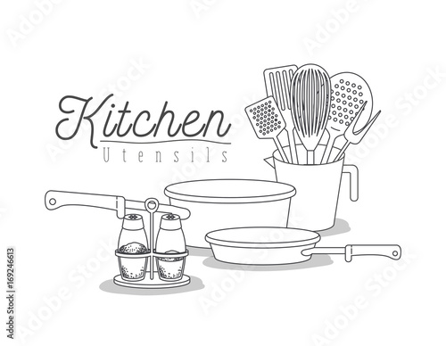 white background with set silhouette kitchen utensils photo