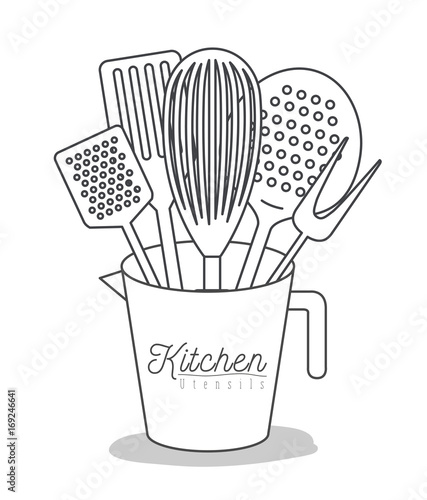 white background with set silhouette kitchen utensils in jar