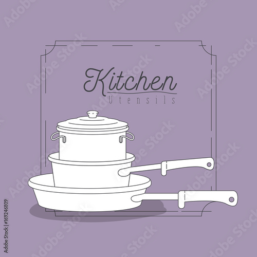 color lilac background with decorative frame vintage and set silhouette stack of pots and pans kitchen utensils photo