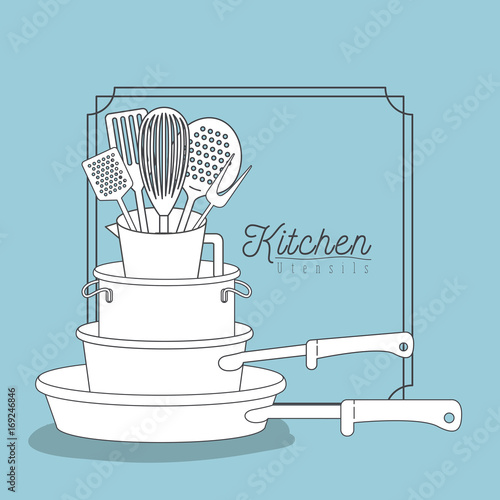 color blue background with decorative frame vintage and set silhouette stack of pots and pans kitchen utensils over photo