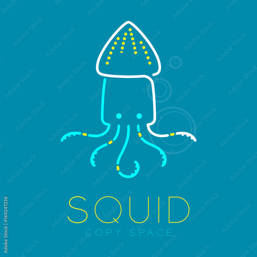 Squid and Air bubble logo icon outline stroke set dash line design illustration blue white and yellow color isolated on blue background with Squid text and copy space, vector eps10 Squid and Air bubble logo icon outline stroke set dash line design illustration blue white and yellow color isolated on blue background with Squid text and copy space, vector eps10