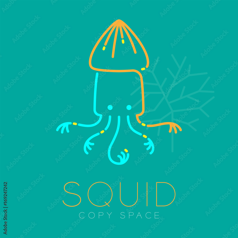 Squid and Coral logo icon outline stroke set dash line design illustration blue orange and yellow color isolated on green turquoise background with Squid text and copy space, vector eps10 Squid and Coral logo icon outline stroke set dash line design illustration blue orange and yellow color isolated on green turquoise background with Squid text and copy space, vector eps10