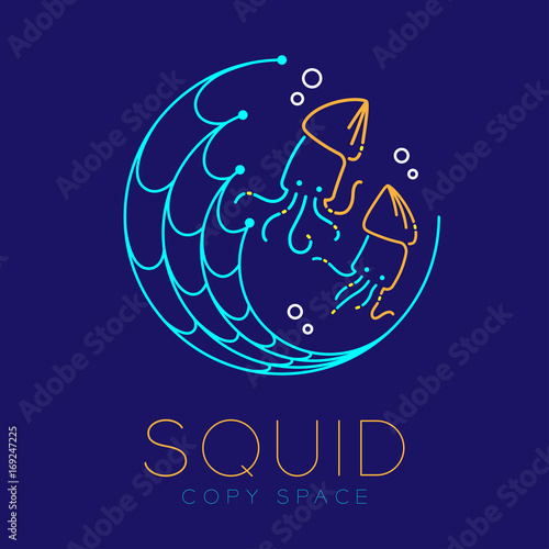 Squid, Fishing net circle shape and Air bubble logo icon outline stroke set dash line design illustration isolated on dark blue background with Squid text and copy space