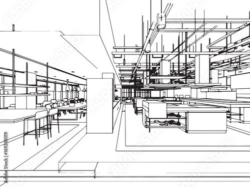 interior outline sketch drawing perspective office