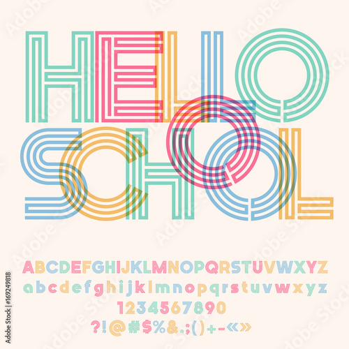 Colorful striped vector alphabet. Graphic font with text Hello school