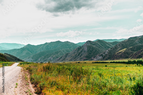 Fototapeta Naklejka Na Ścianę i Meble -  Autumn landscape with dirt road stretching between meadows with native grasses with Altai mountain-ridges in foreground and teal sky, Kuyus district, Russia