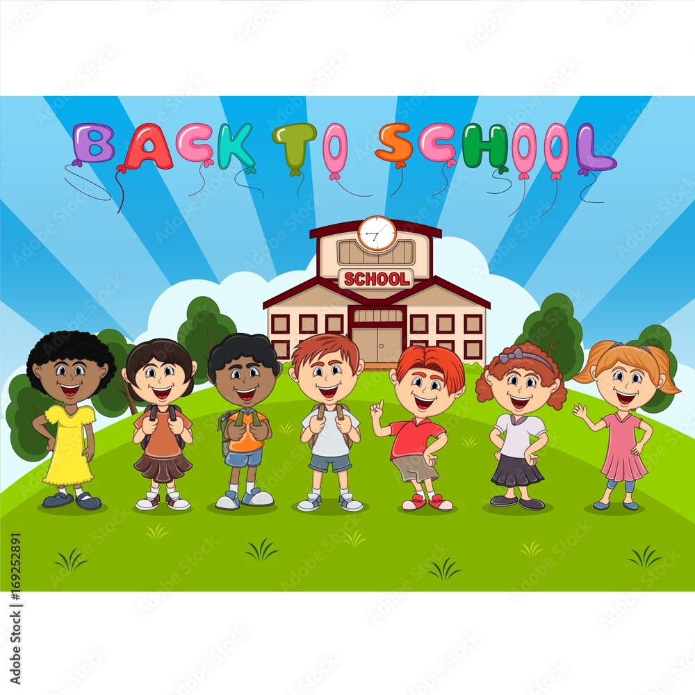 students in front of school with balloon back to school cartoon