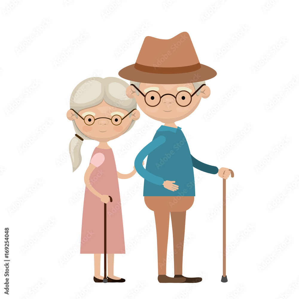 colorful full body elderly couple in walking stick grandmother side ponytail hairstyle in dress and grandfather with hat and glasses colorful full body elderly couple in walking stick grandmother side ponytail hairstyle in dress and grandfather with hat and glasses