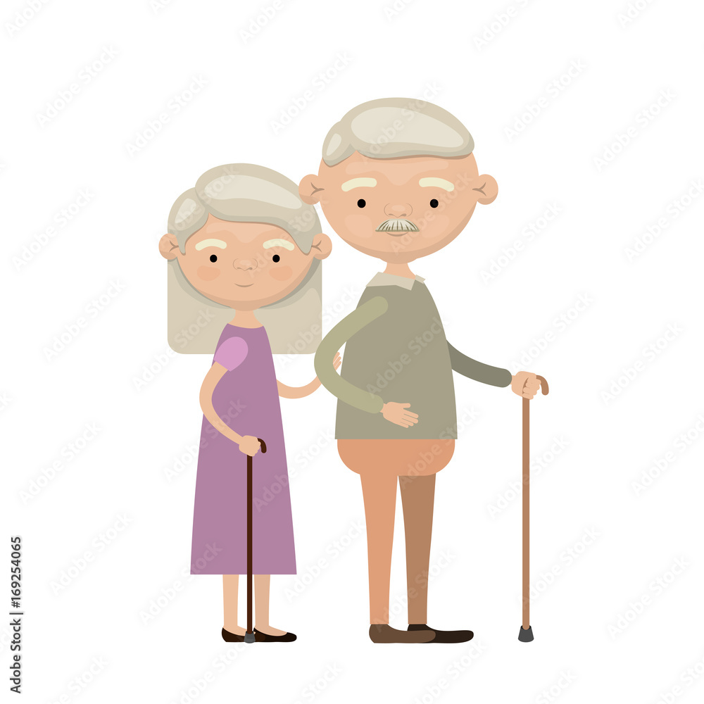 colorful full body elderly couple in walking stick grandmother straight hairstyle in dress and grandfather with moustache colorful full body elderly couple in walking stick grandmother straight hairstyle in dress and grandfather with moustache