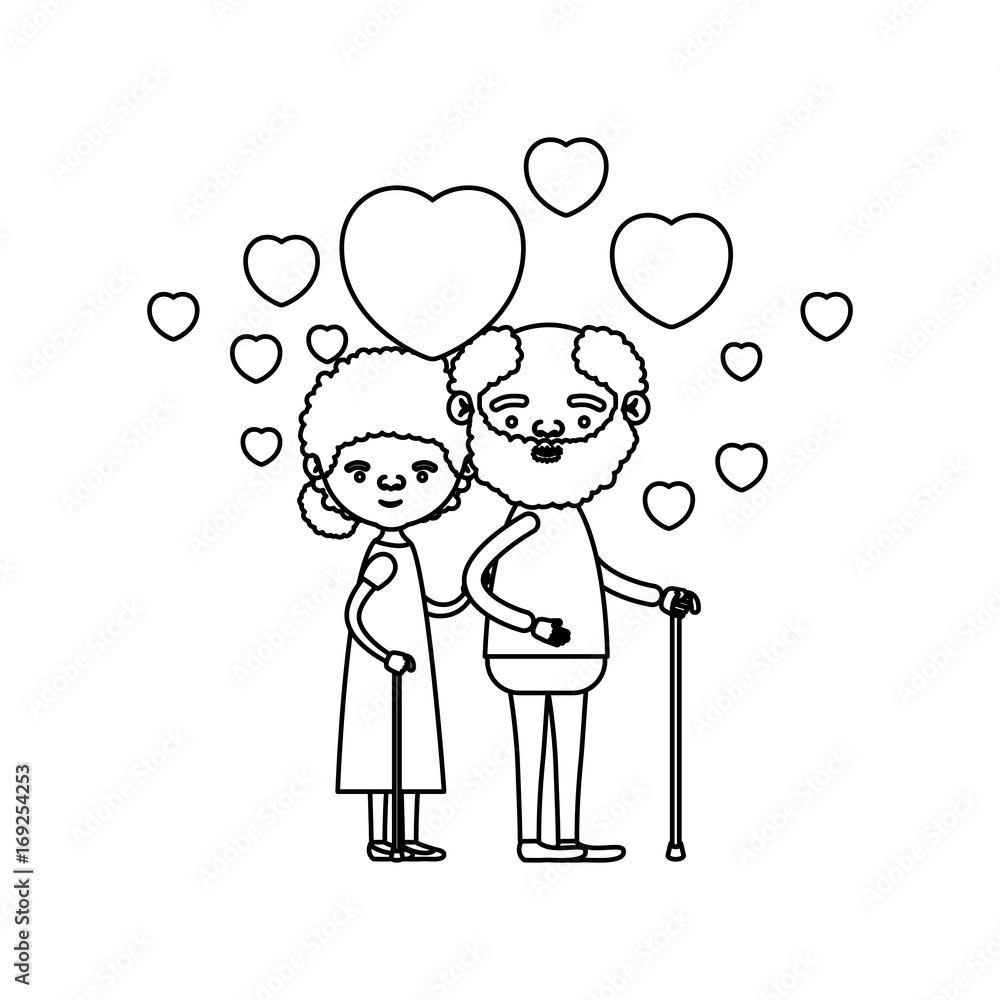 sketch silhouette of caricature full body elderly couple embraced with floating hearts bearded grandfather in walking stick and grandmother with bun hair sketch silhouette of caricature full body elderly couple embraced with floating hearts bearded grandfather in walking stick and grandmother with bun hair