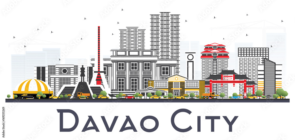 Davao City Philippines Skyline with Gray Buildings Isolated on White Background.