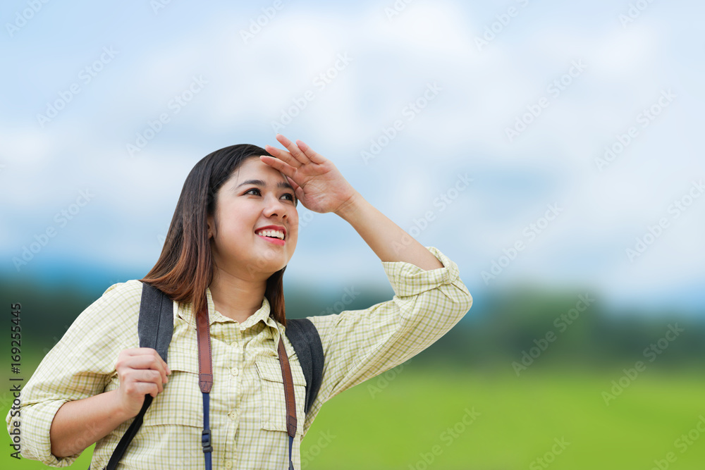 close up asian woman looking for something at outdoor,people isolated with path,holiday concept