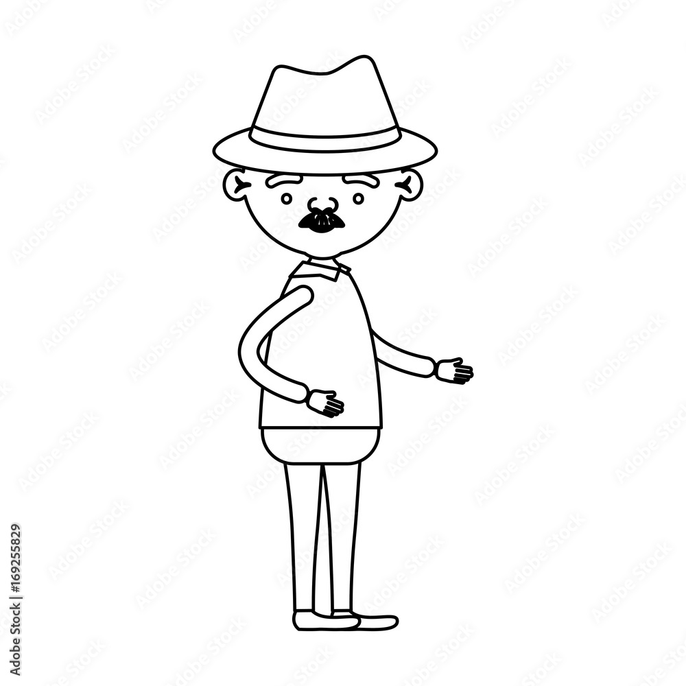 sketch silhouette of full body elderly man in clothes with moustache and hat sketch silhouette of full body elderly man in clothes with moustache and hat