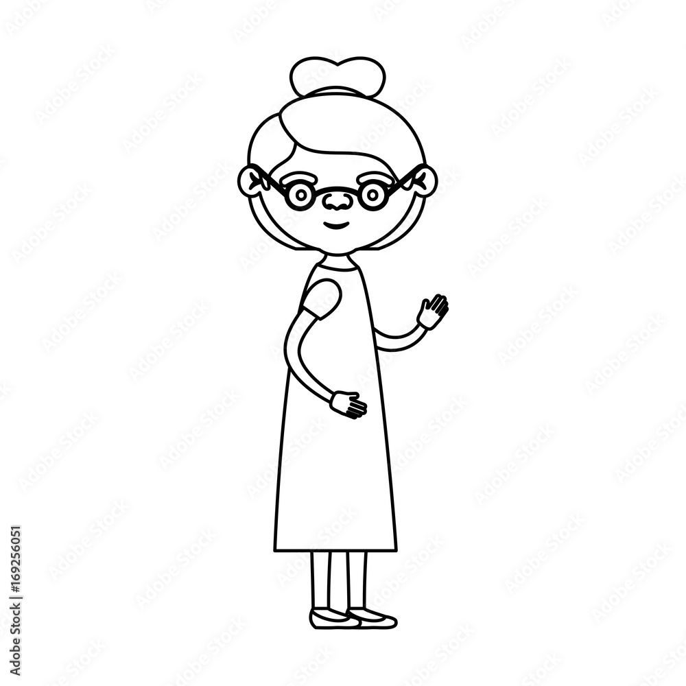 sketch silhouette of full body elderly woman in dress with collected hairstyle and glasses sketch silhouette of full body elderly woman in dress with collected hairstyle and glasses