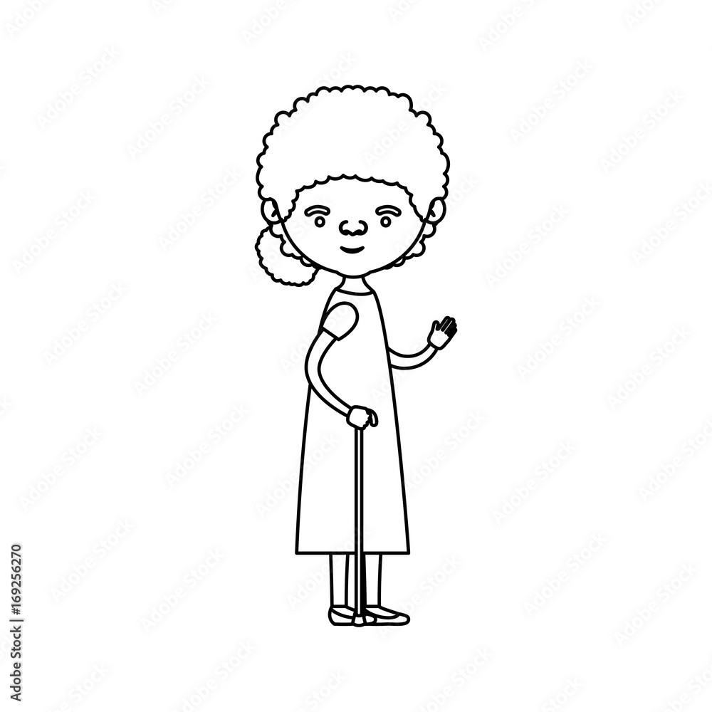 sketch silhouette of full body elderly woman in walking stick with dress and curly side bun hairstyle sketch silhouette of full body elderly woman in walking stick with dress and curly side bun hairstyle