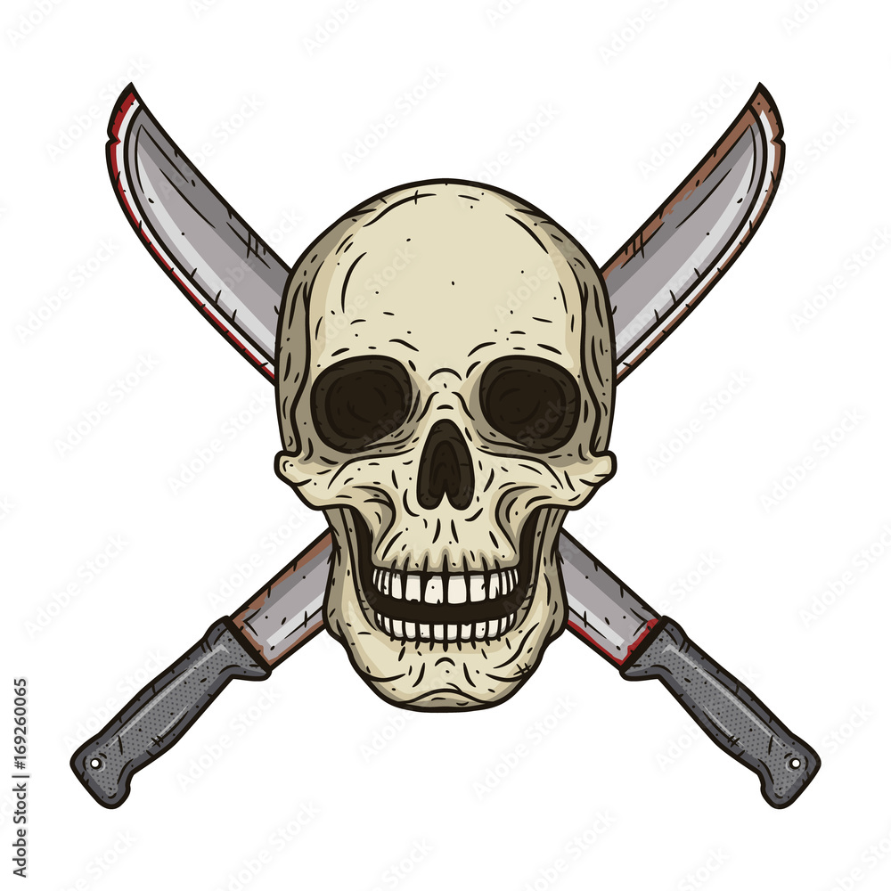 Human skull with two crossed machetes in hand drawn style. vector de Stock  | Adobe Stock