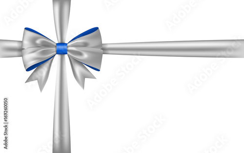 Silver gift bow ribbon. Bow tie isolated on white background. 3D shiny gift bow tie for Christmas present, holiday decoration, birthday, anniversary. Silk ribbon for invitation. Vector illustration