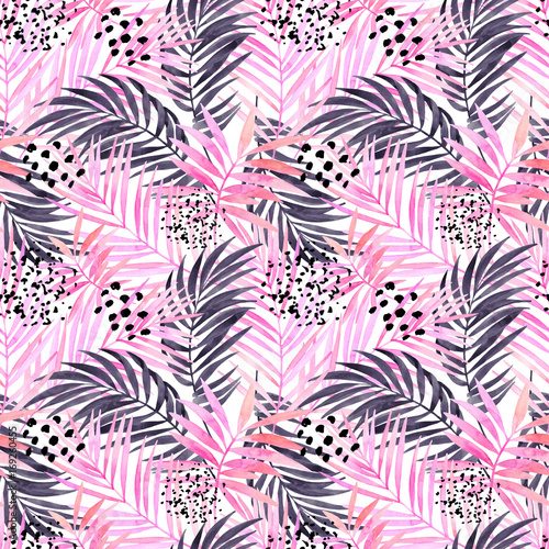 Watercolour pink colored and graphic palm leaf painting.