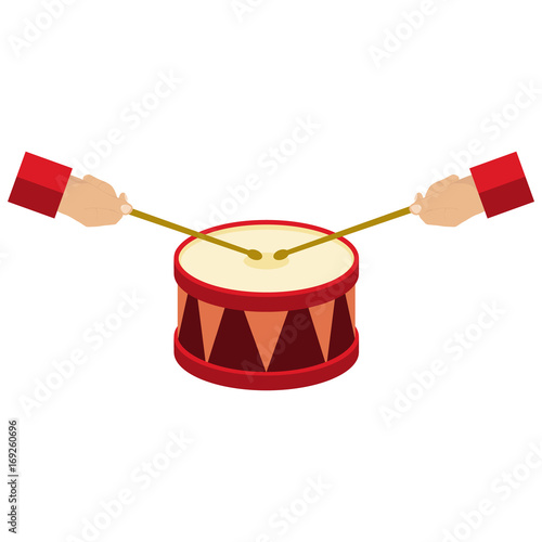 Play the drum, hands hold the drumsticks, the drum icon
