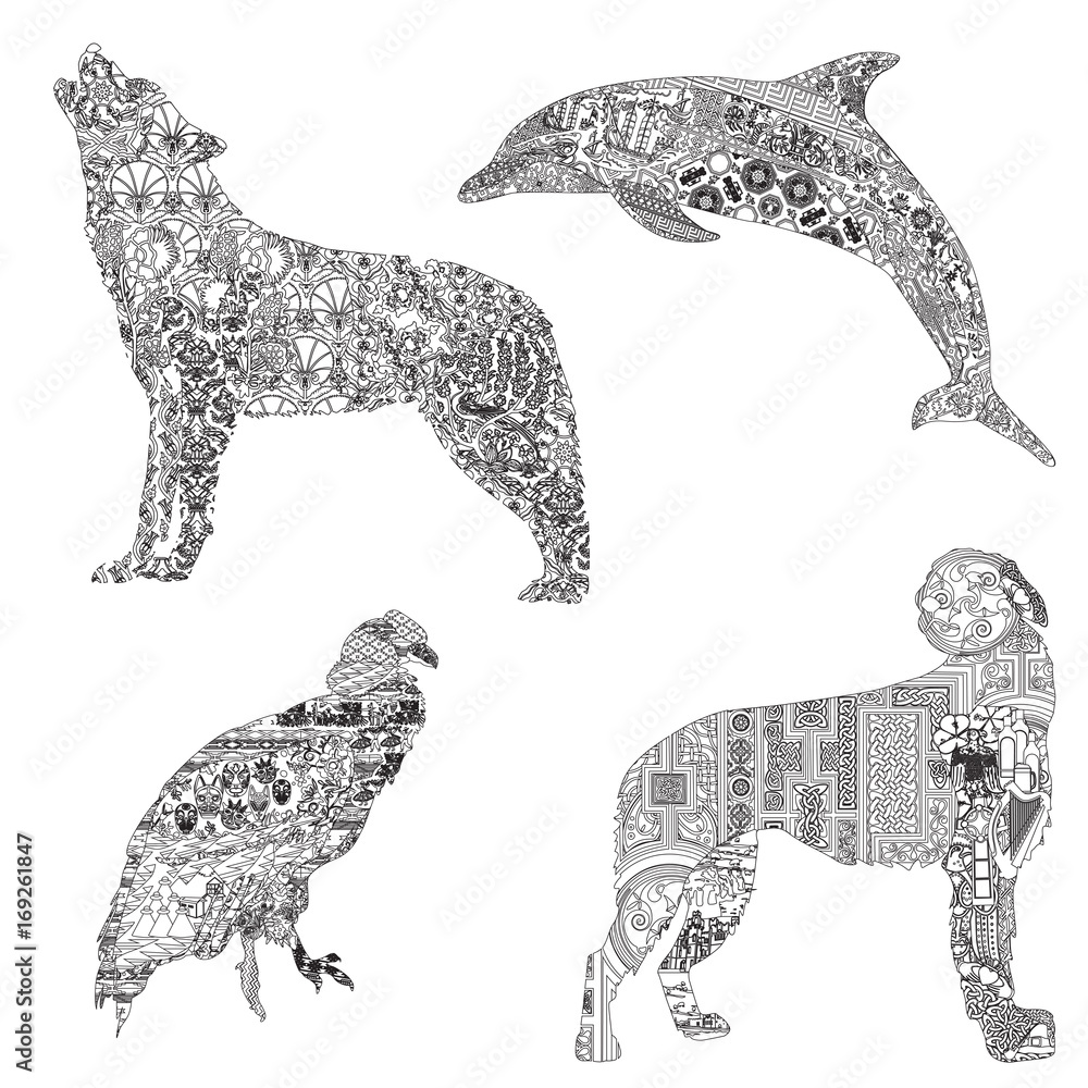 4 animals, symbolizing different countries. Wolf with Turkish patterns, dolphin with Greek, wolfhound with Irish and Condor with Ecuadorian patterns.