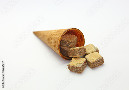 Ice cream cones and Wafers with chocolate isolated on white background.