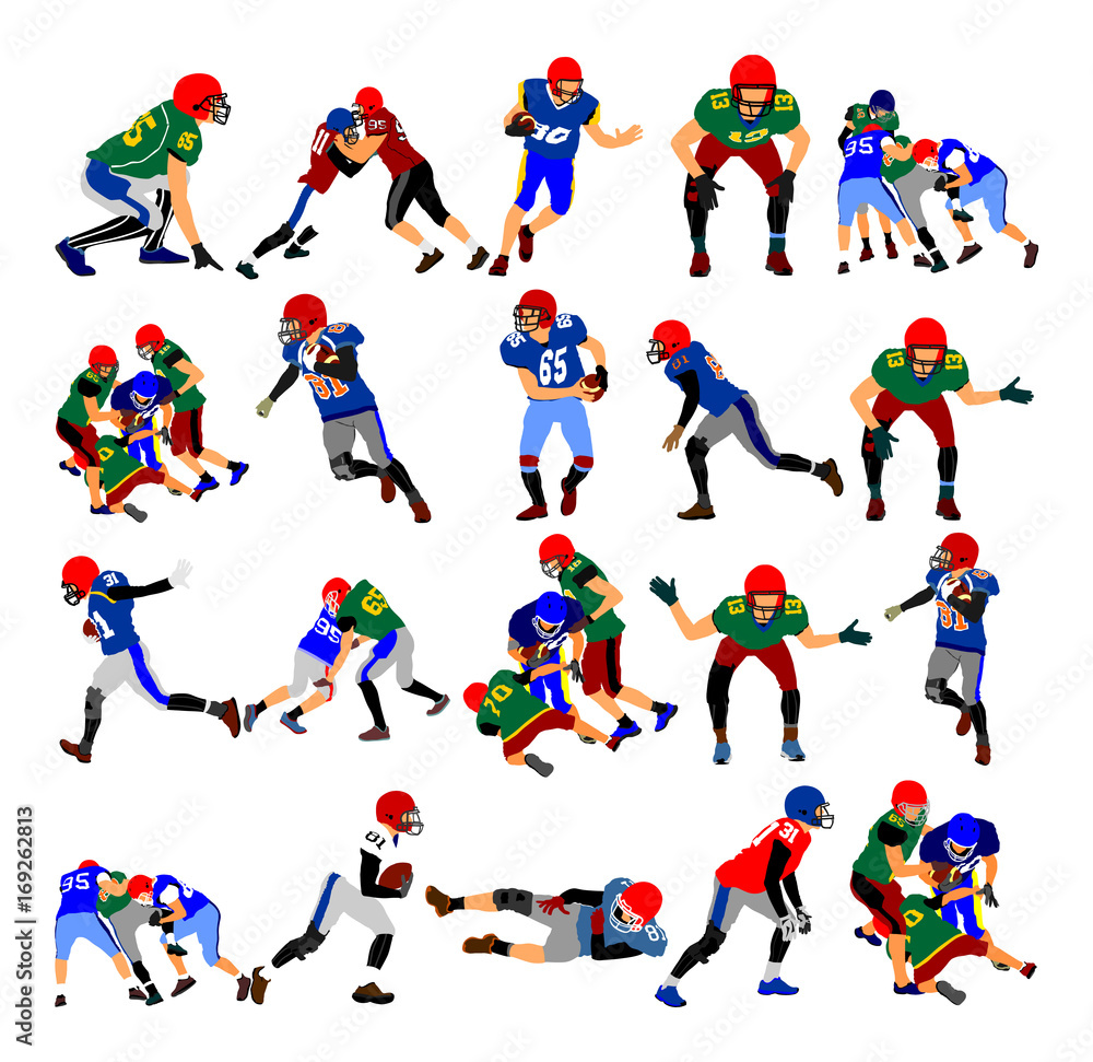 Naklejka Gracze futbolu amerykańskiego w pojedynku akcji, ilustracji wektorowych. Profil gracza rugby z college'u. Duża grupa o różnej pozycji piłkarzy futbolu amerykańskiego.